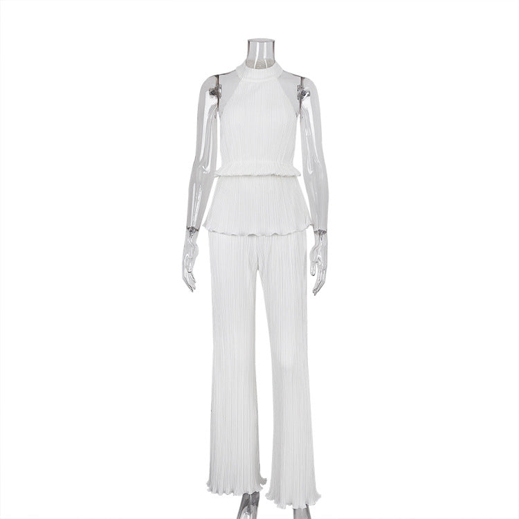 Pleated High Waist Wide Leg Pants Suit Women