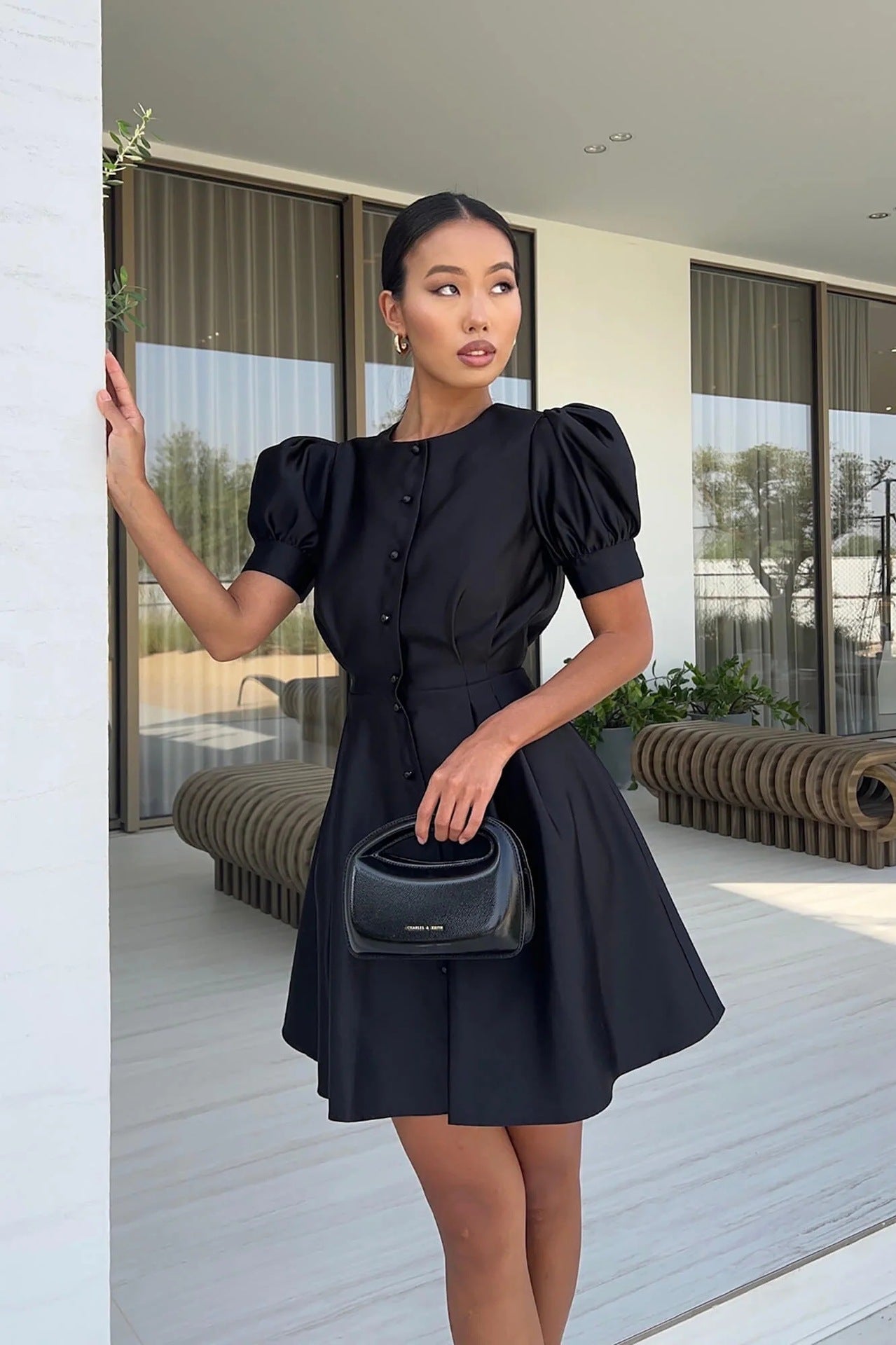 Round Neck Puff Sleeve Short Sleeve Pleated Waist Tight Pearl Buckle A- Line Mid-length Formal Dress
