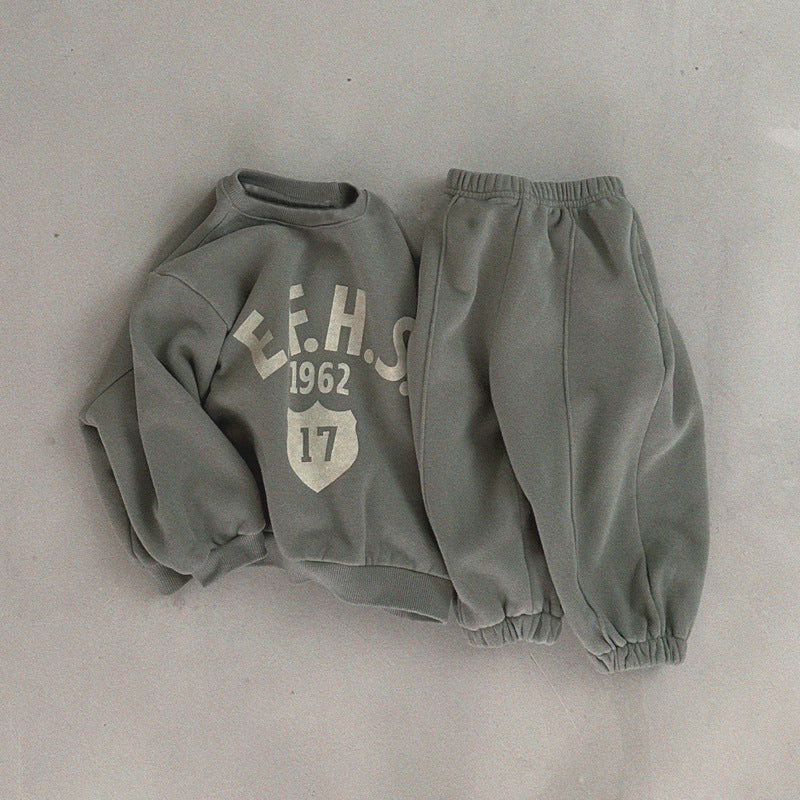 Boys And Girls Letter Printing Casual Fleece Sweater Two-piece Set