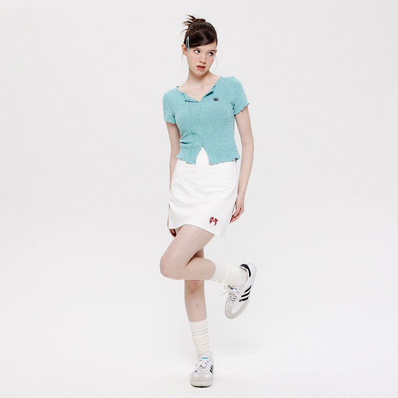 V-neck Hot Girl T-shirt Short Sleeve Solid Color Slim Fit Knit