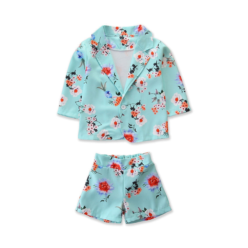 Girls Spring Western Style Suit Flower Suit Jacket And Shorts