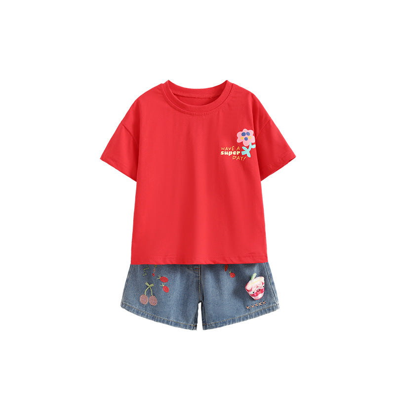 Girls' Crew-Neck T-Shirt And Casual Denim Pants For Little Kids