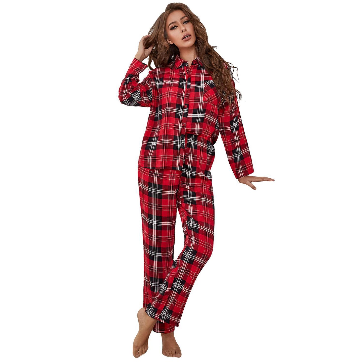 Women's Red Plaid Long Sleeve Autumn And Winter Homewear Two-piece Set
