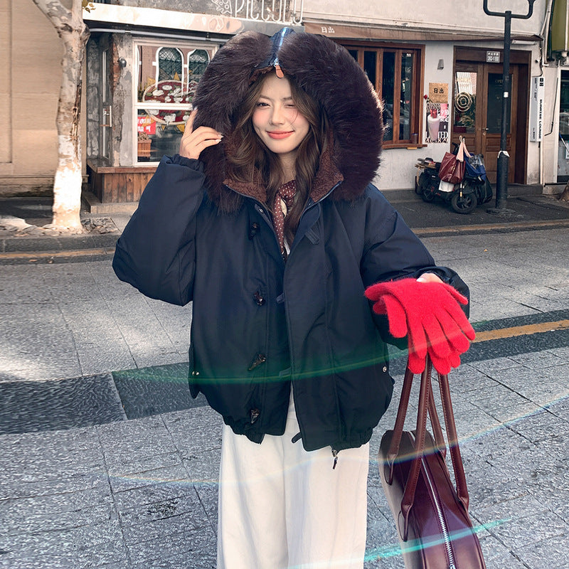Big Fur Collar Hooded Horn Button Cotton-padded Jacket Women's Casual Loose