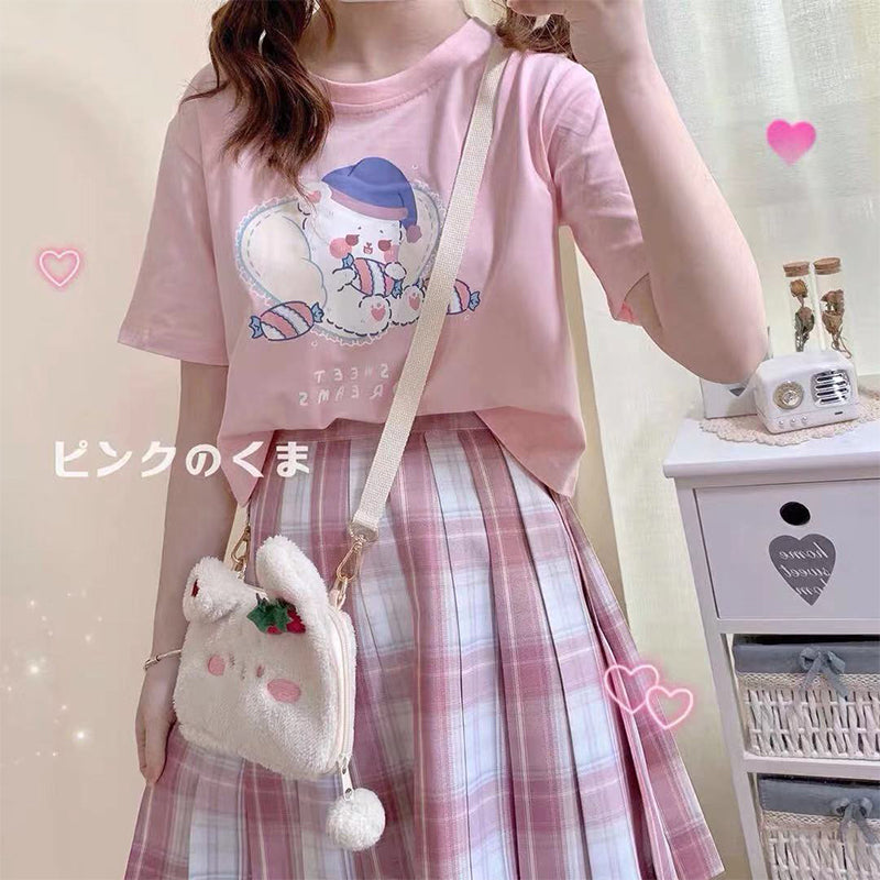 Cute And Sweet Japanese Girl Short-sleeved T-shirt Female Loose And Thin High-waist All-match Short Crop Top