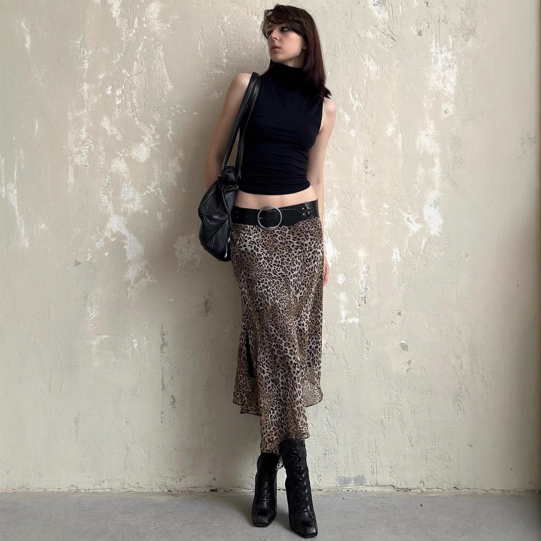 High-waisted Leopard Print Irregular Mesh Skirt