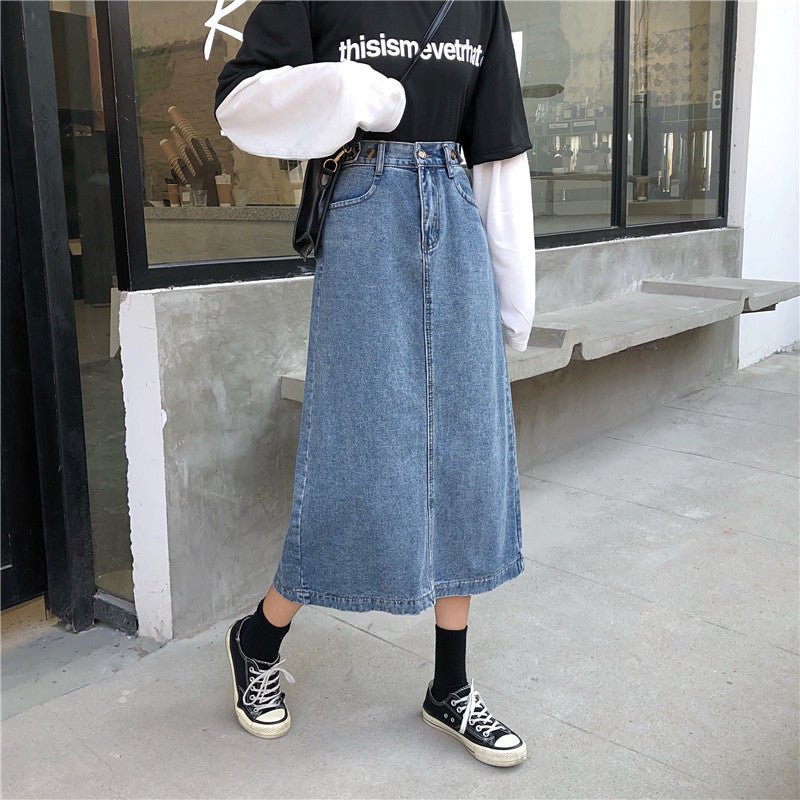 Denim Half - Length Skirt Temperament Slit Mid - Length High - Waisted A - Line Thin Hip - Length Skirt - Eshtree