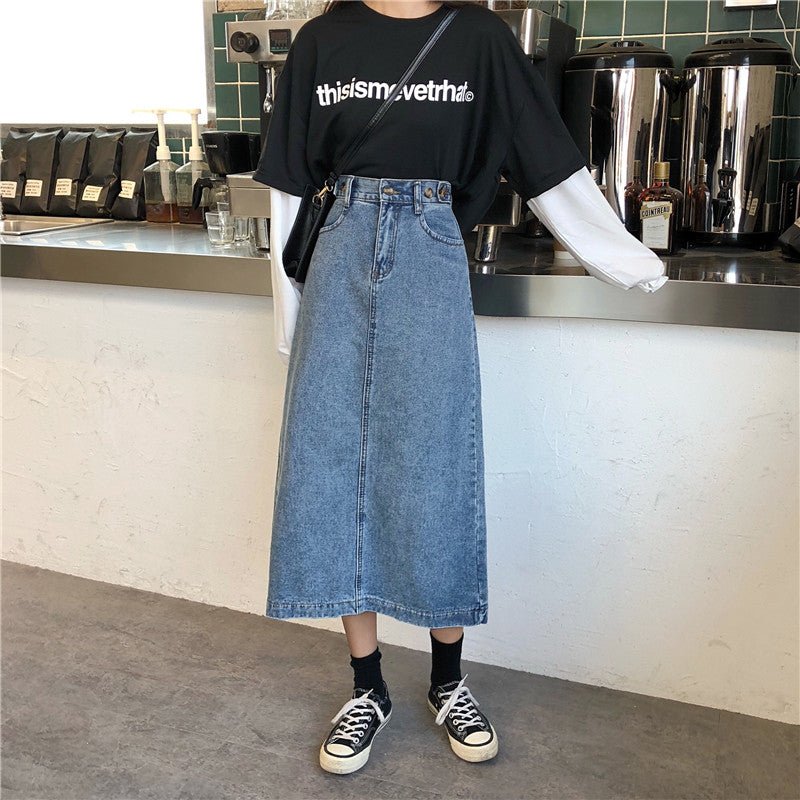 Denim Half - Length Skirt Temperament Slit Mid - Length High - Waisted A - Line Thin Hip - Length Skirt - Eshtree