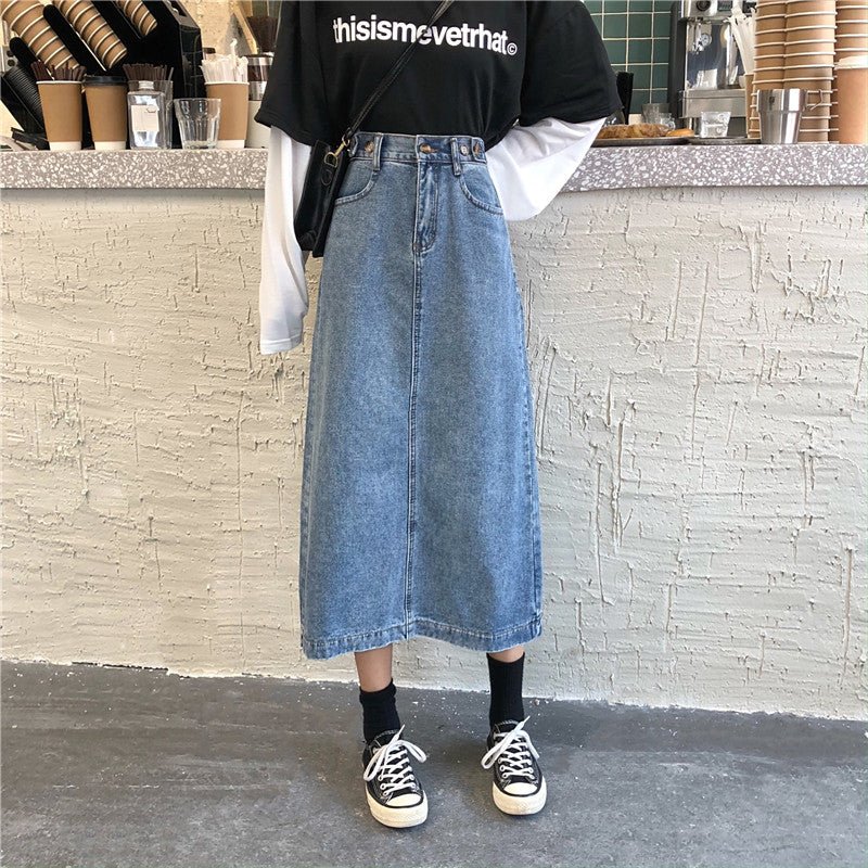 Denim Half - Length Skirt Temperament Slit Mid - Length High - Waisted A - Line Thin Hip - Length Skirt - Eshtree