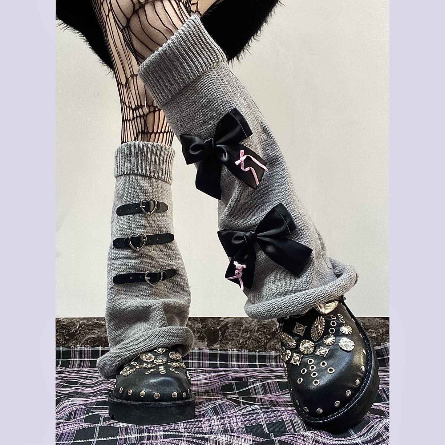 Yabi Style Culture Punk Handmade Knitted Bow Calf Socks