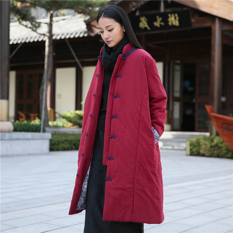 Retro Women's Artistic Cotton And Linen Clothing Buckle Cotton-padded Jacket