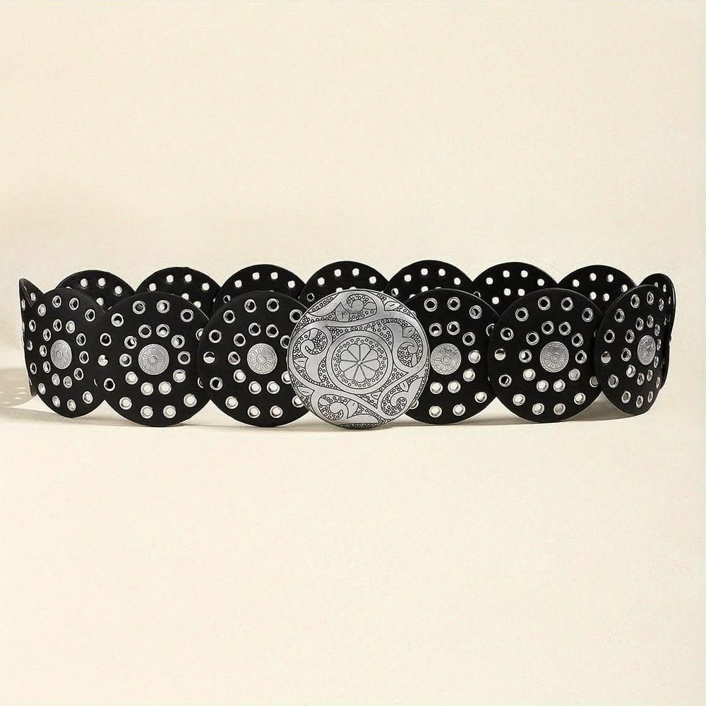 Disc Hook Leather Retro Rivet Alloy Belt Wide Belt - Eshtree