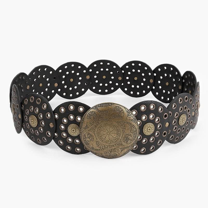 Disc Hook Leather Retro Rivet Alloy Belt Wide Belt - Eshtree