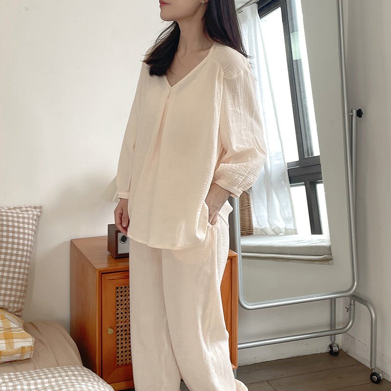 Double - layer Cotton Yarn V - neck Pajamas Suit Comfortable Homewear - Eshtree