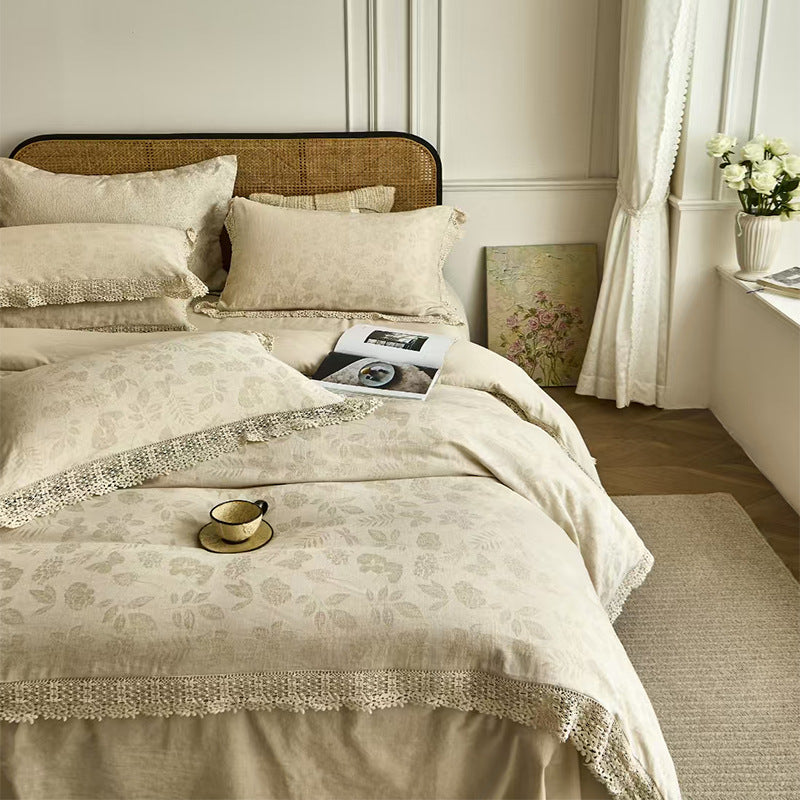 Cotton Linen Jacquard Yarn-dyed Single Double Bed Sheets Washed Four-piece Set