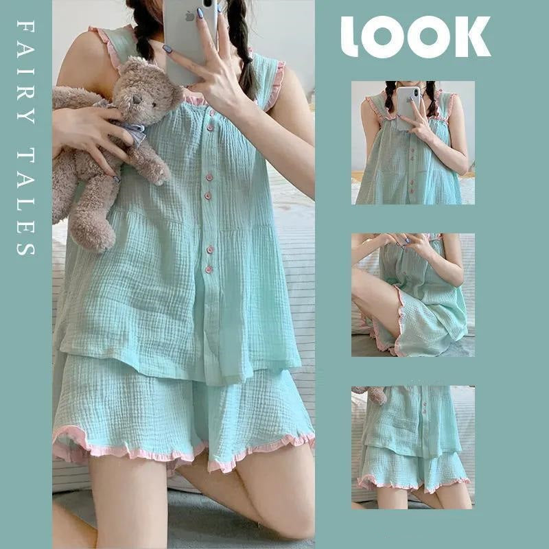 Pajamas Women's Summer New Ruffled Sweet Spaghetti-strap Shorts Loose Casual Good-looking Homewear Suit