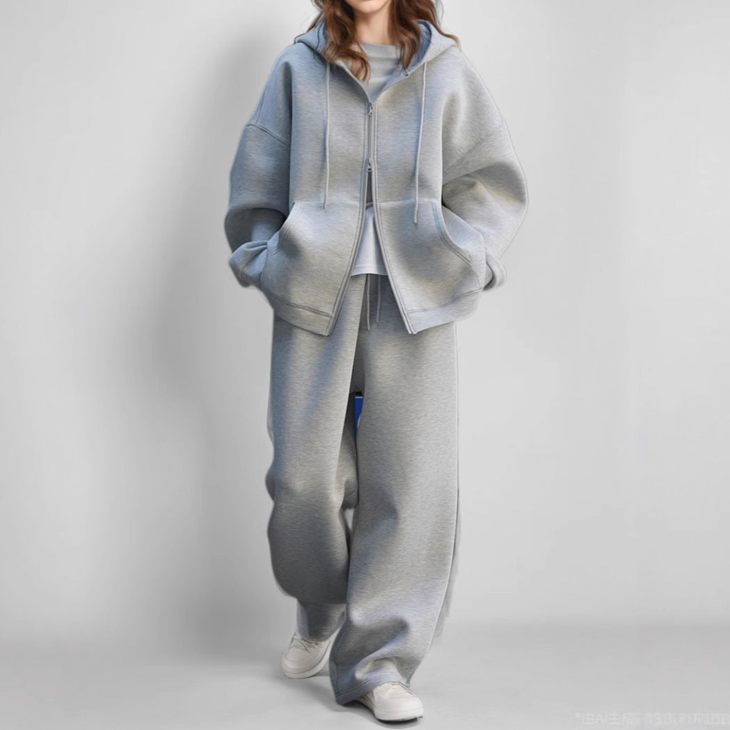 Korean Style Simple And Casual Women's Loose Sports Zipper Sweater Suit