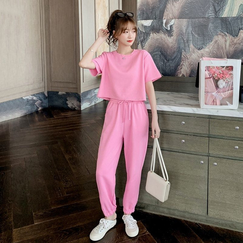 Korean Sweet Girl Sports Loose Slimming And Short T-shirt Ankle-length Pants Two-piece Set
