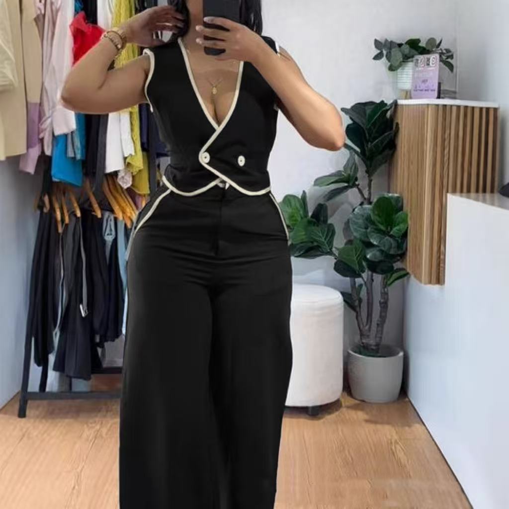 Fashion Colorblock Short Sleeveless Vest Suit Women