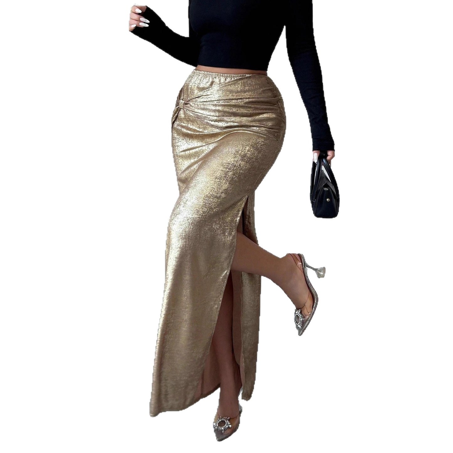 Women's Metal-Embellished Pleated Bodycon Skirt With Slit Slimming Design