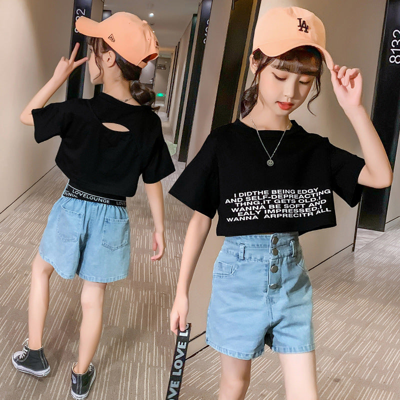 Girls' Round Neck T-shirt Denim Shorts Two-piece Set