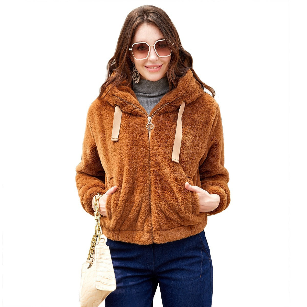 Plush Coat Hooded Long Sleeve Warm-keeping Cotton Clothing Short Top For Women