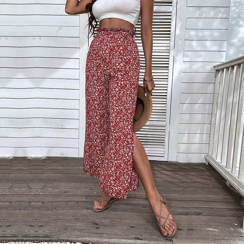 Retro Red For Women Pants Rayon High Waist Cropped Wide-leg Pants