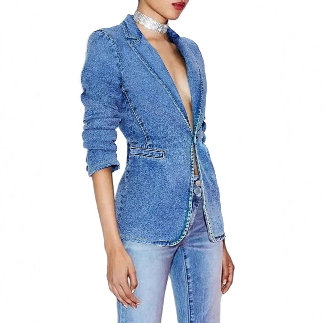 Slim-fit And Slimming Solid-color Denim Jacket With A Suit Collar