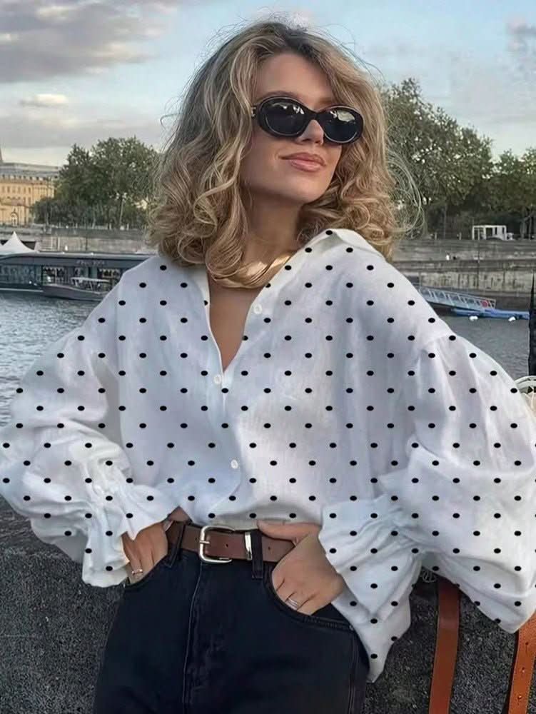 Early - Autumn Loose Casual Polka - Dot Shirt With Front Buttons For A Stylish Look - Eshtree