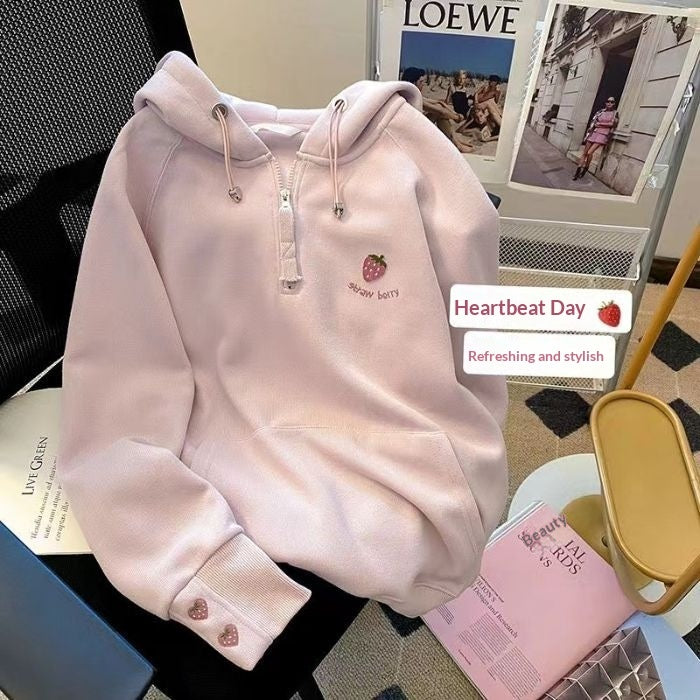 Girls' Pink Strawberry-Embroidered Hoodie New FallWinter Style