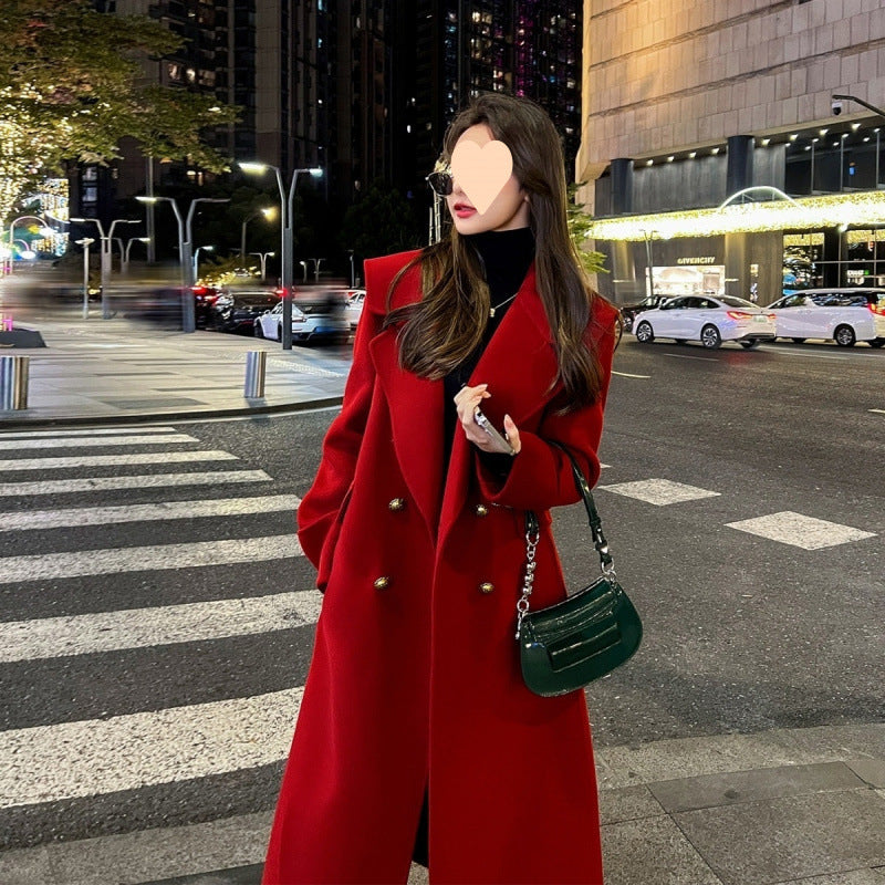 Red Temperament Long Sleeve Women's Woolen Coat
