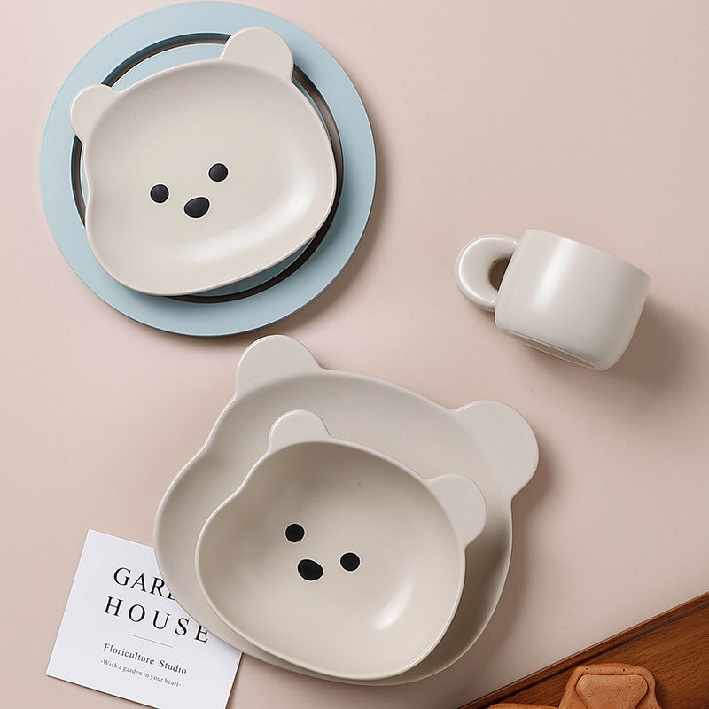 Cute Bear Ceramic Rice Bowl Breakfast Plate Set
