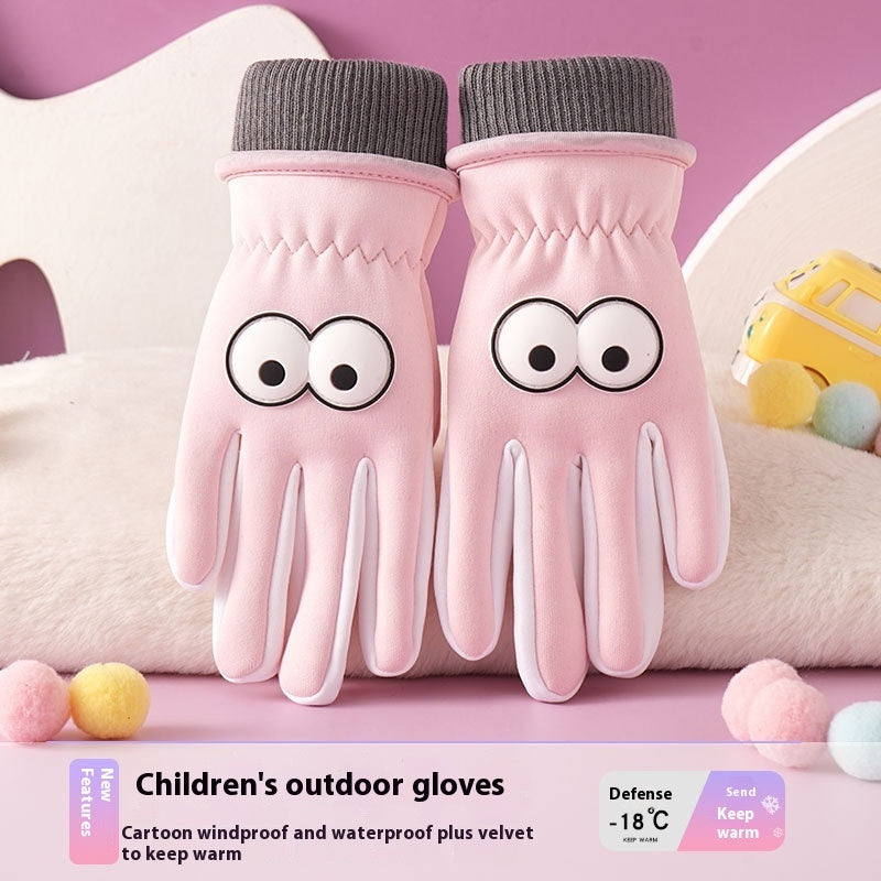 Children's Gloves Autumn And Winter Outdoor Cold-proof Warm With Velvet Anti-slip Cycling Cartoon Cute Windproof