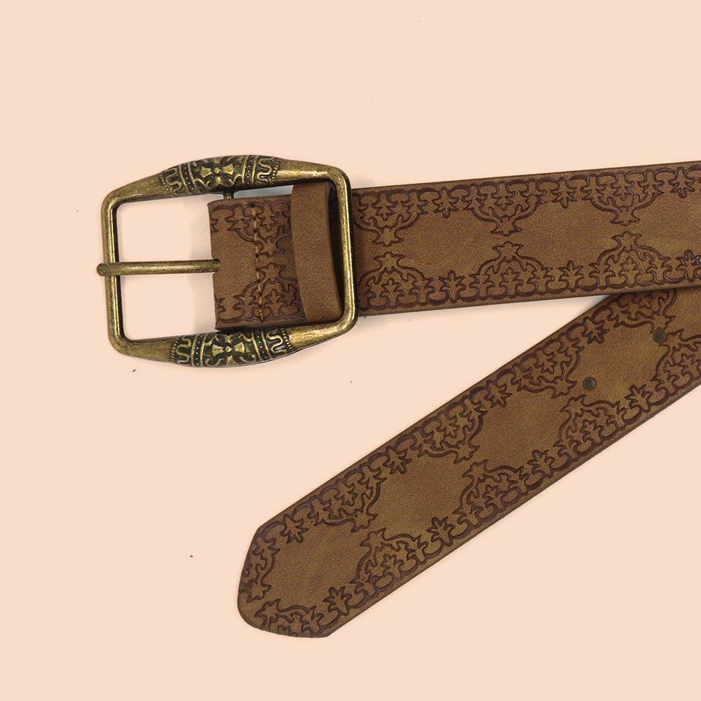 New Retro Embossing Belt Brown Alloy Ethnic Style
