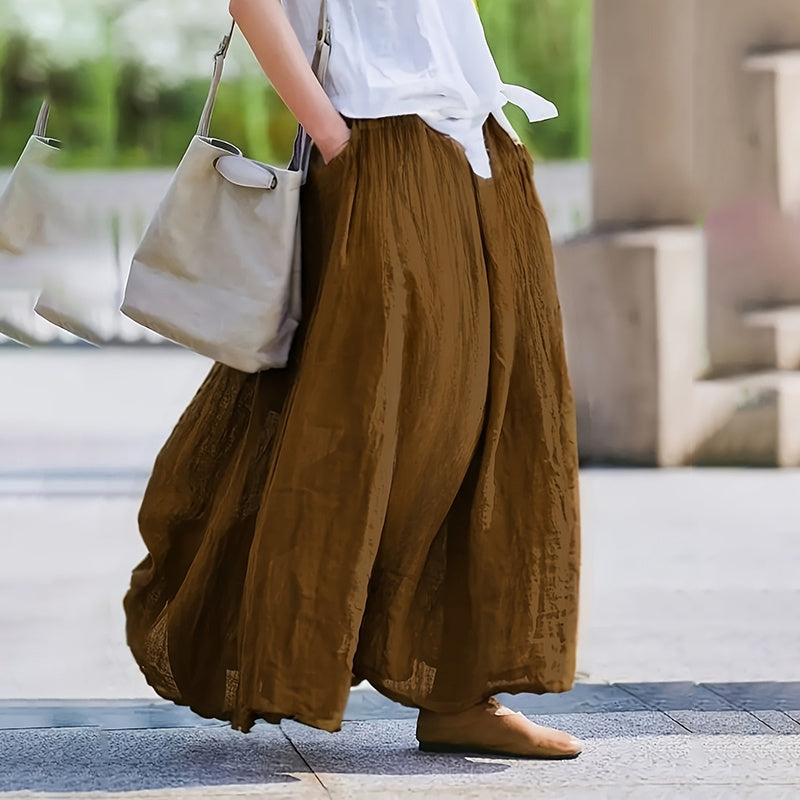 Women Bohemian Beach A-Line Dress Elastic Waist Flowy Long Maxi Skirt With Pockets