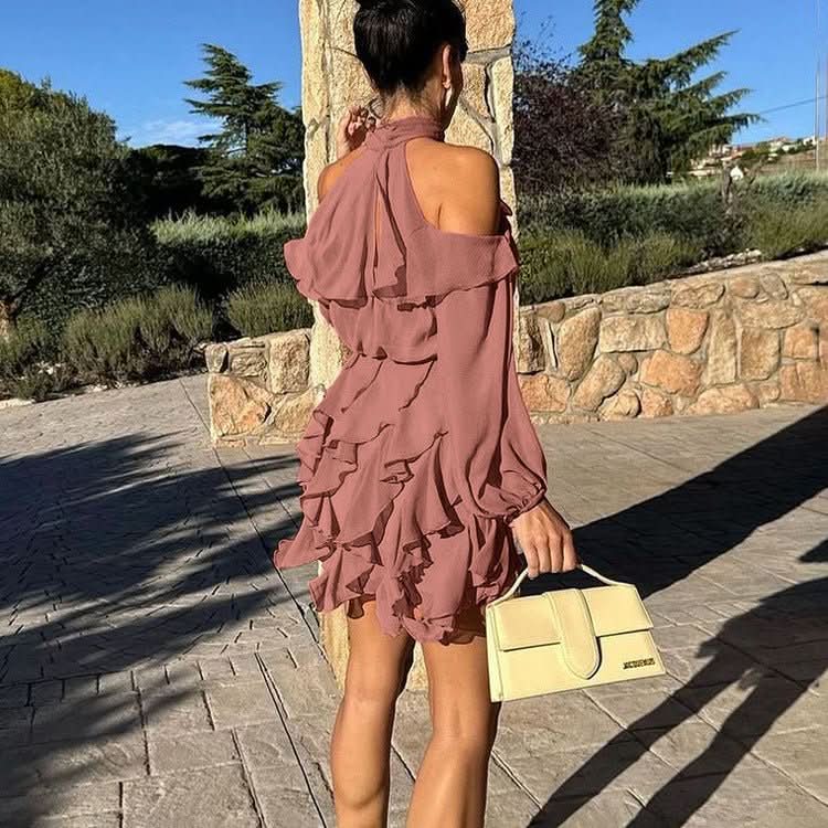 Elegant Chiffon Halterneck Off - shoulder Long - sleeve High - waisted A - line Dress - Eshtree