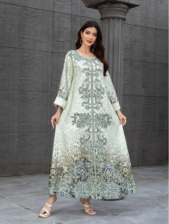 Elegant Floral Print Long Sleeve Abaya Dress - Eshtree