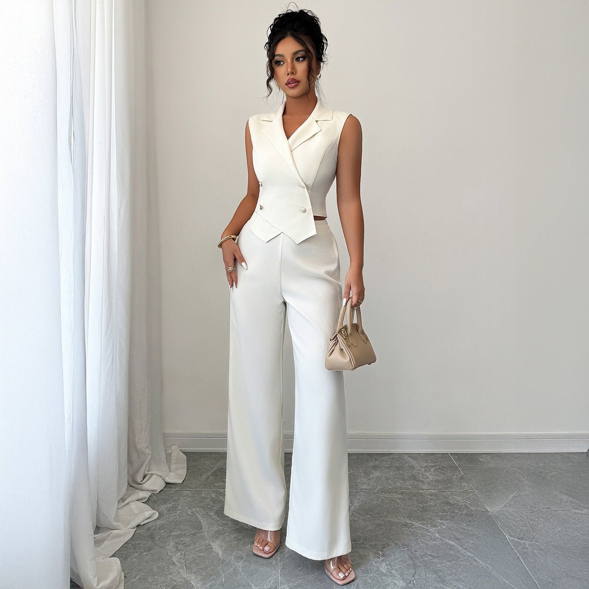 Elegant Waist - cinching Top Paired With A Flowy Wide - leg Pantsuit - Eshtree
