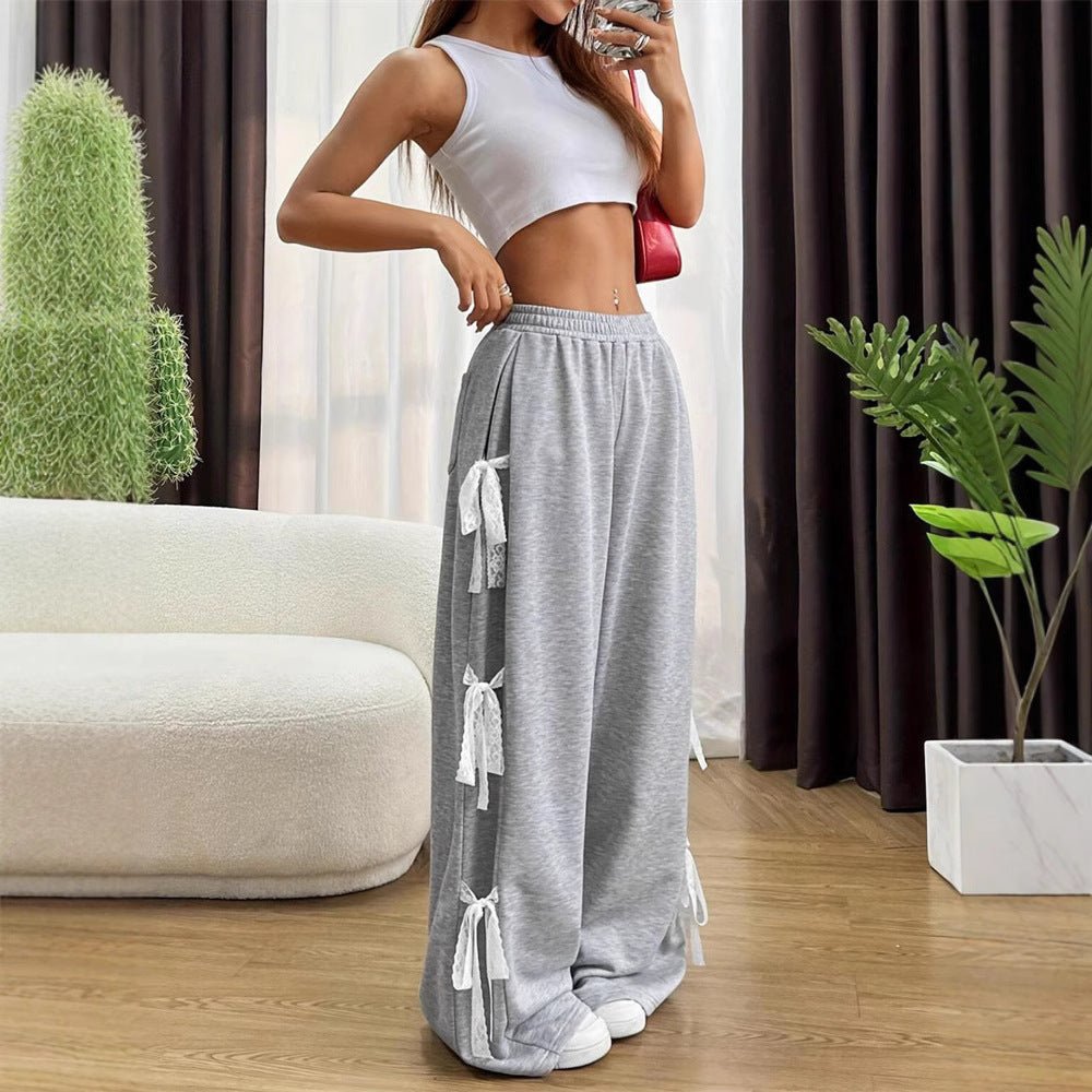 European And American Fashion Street Fashion Bow Lace Stitching Personality Wide Leg Pants - Eshtree