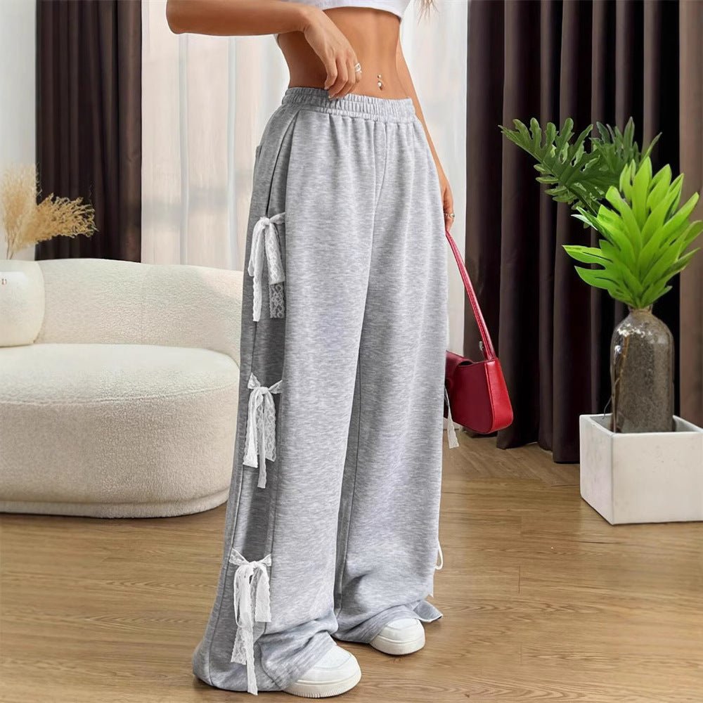 European And American Fashion Street Fashion Bow Lace Stitching Personality Wide Leg Pants - Eshtree
