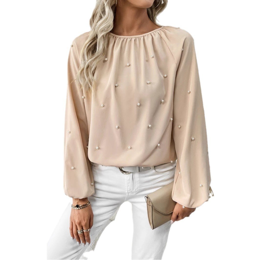 European And American Women's Round - neck Beaded Lantern Sleeve Shirt - Eshtree