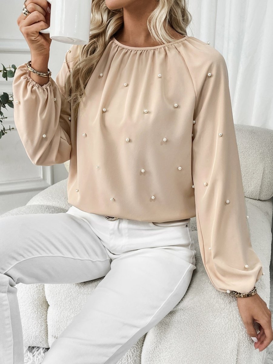 European And American Women's Round - neck Beaded Lantern Sleeve Shirt - Eshtree