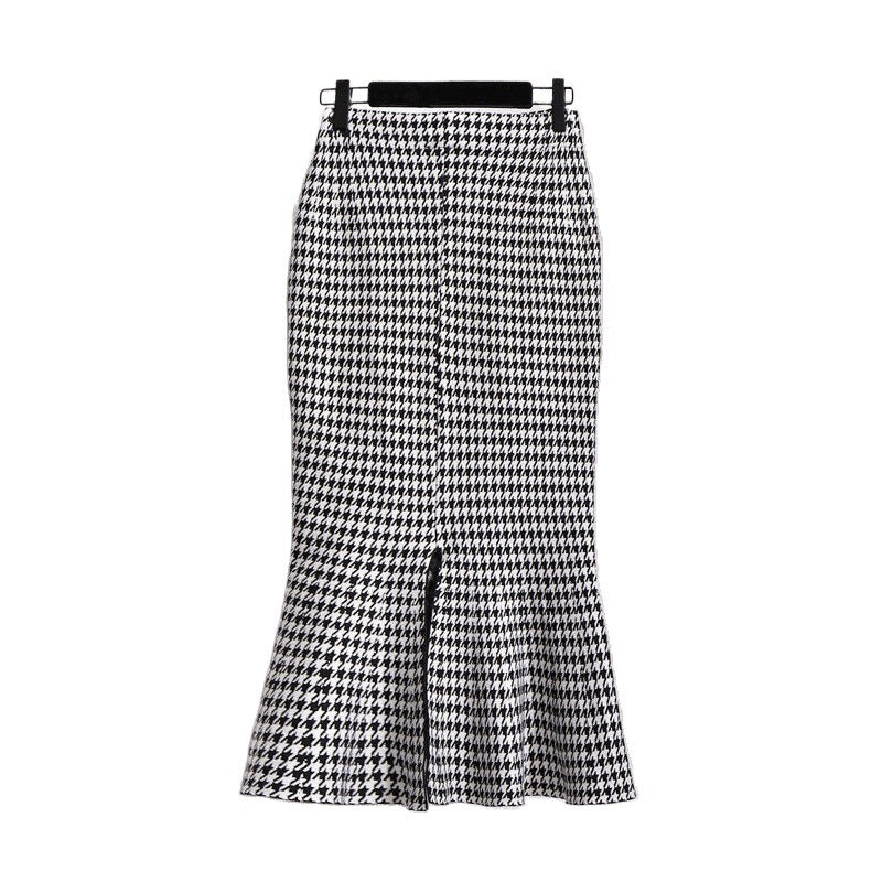 Women's Mid-length Tartan Skirt Western Style Slimming Split Fishtail