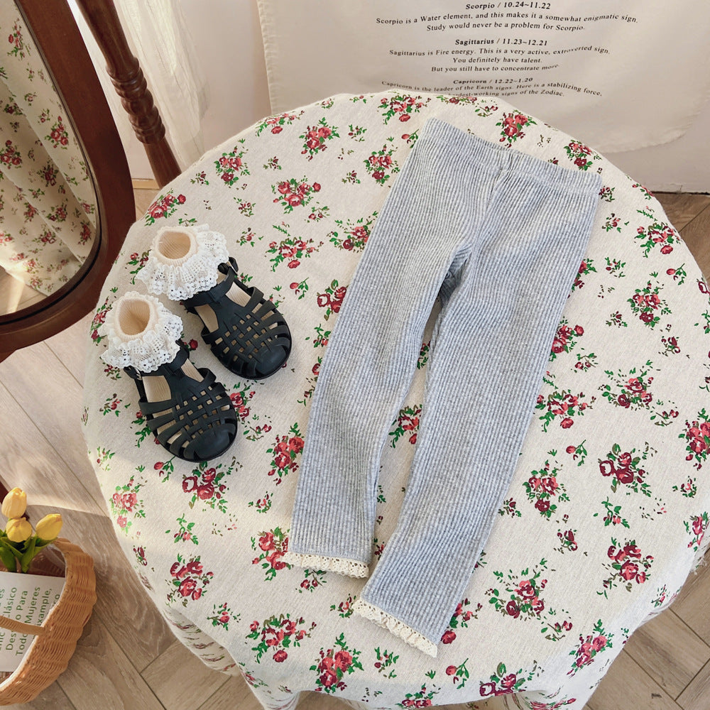 Outerwear Spring Children's Clothing Sunken Stripe Slim-fit Pants Baby Lace Trousers