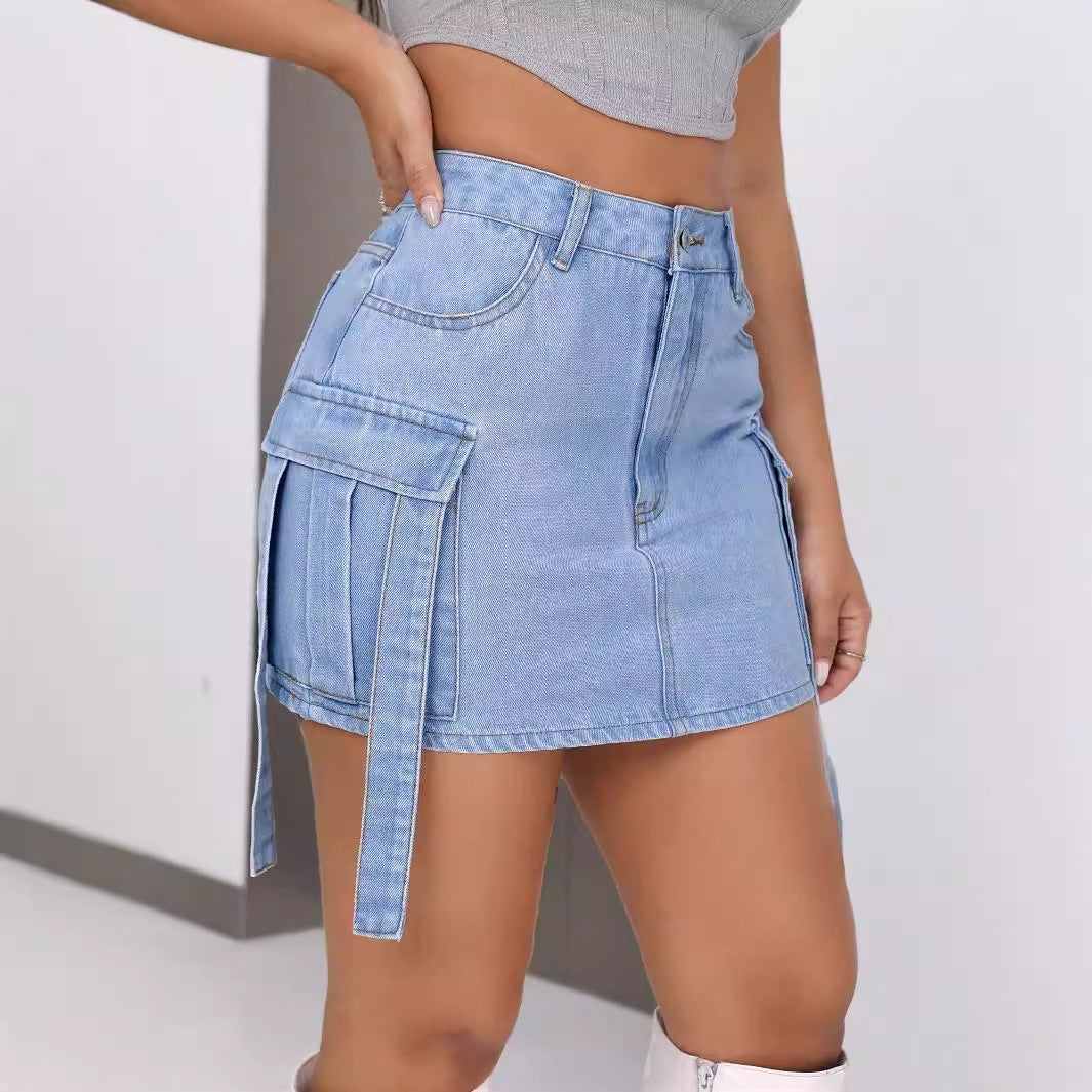 Womens Denim Overalls Casual Skirt With Ribbon Ties
