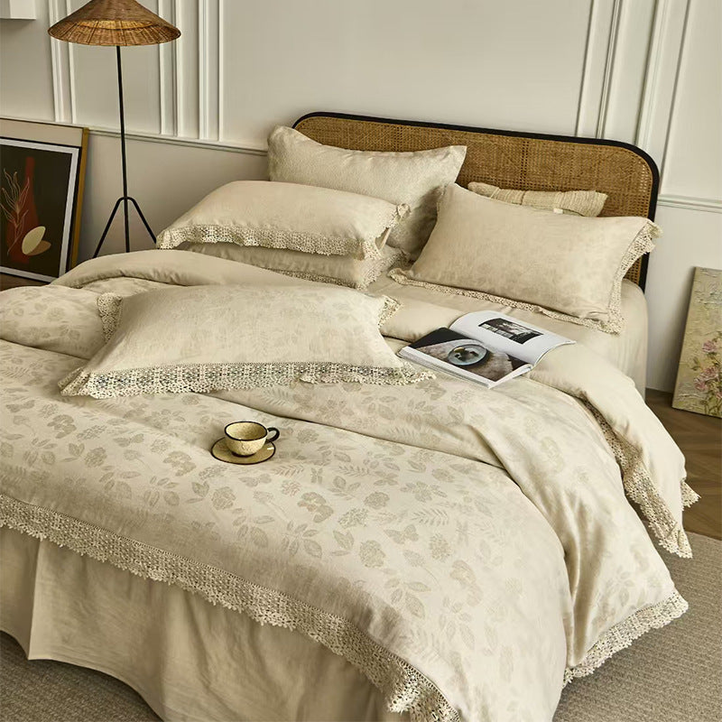 Cotton Linen Jacquard Yarn-dyed Single Double Bed Sheets Washed Four-piece Set