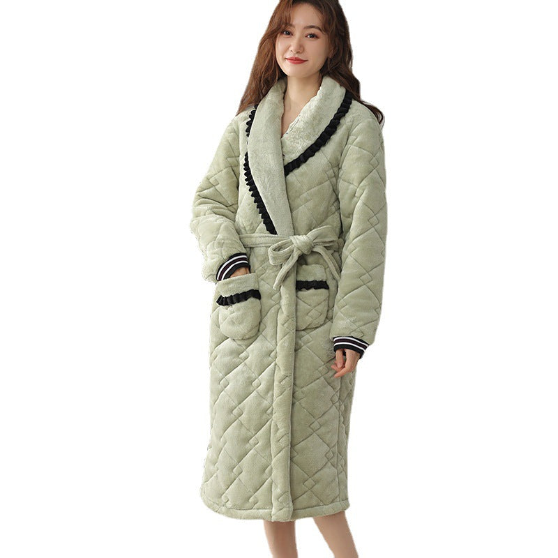 Women's Winter Thickened Mid-length Quilted Coral Fleece Bathrobe Pajamas