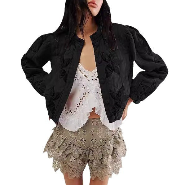 Washed Cotton Maple Leaf Affixed Cloth Embroidered Women's Coat Cotton-padded Jacket