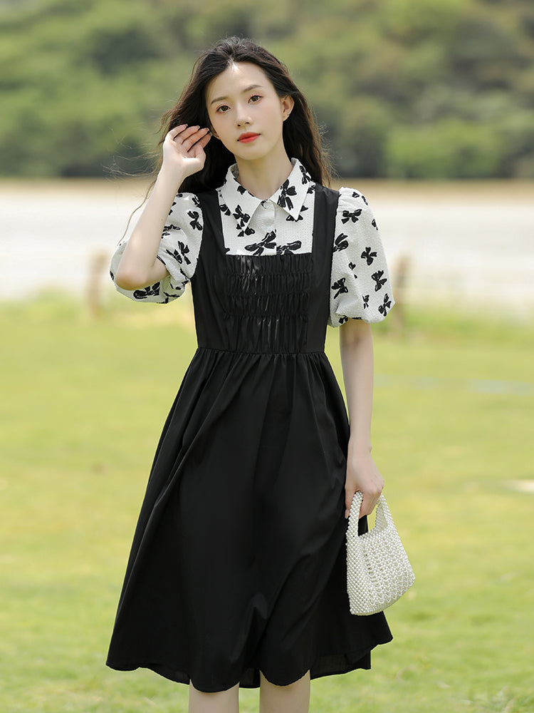 Fake Two-piece Black Puff Sleeve Little Dress Long Skirt Women