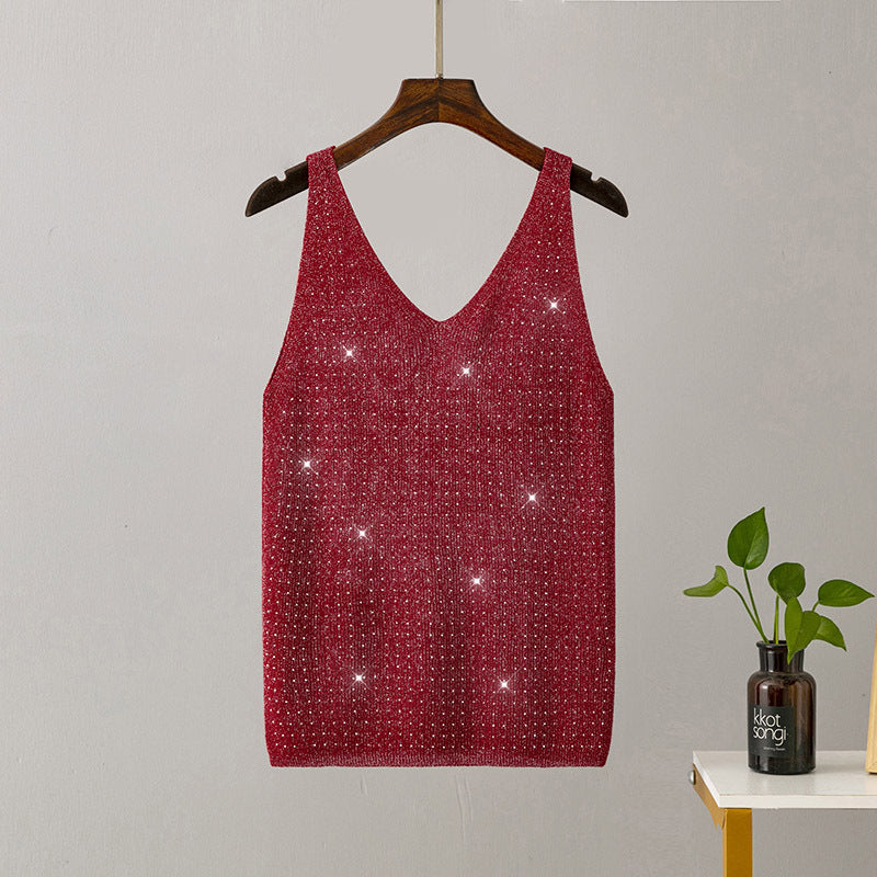 Ice Silk Knitted Bright Thread Diamond-encrusted V-neck Camisole